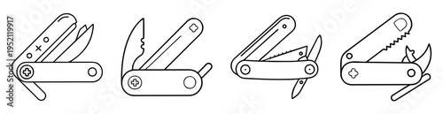 line drawing illustration showing different models of versatile multi tools knives