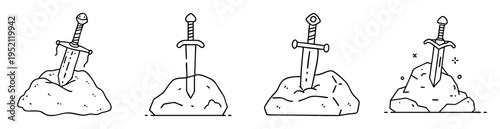 Four versions of Excalibur sword lodged in a stone in black outline