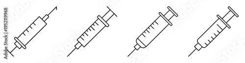 Four simplistic outline drawing of syringes with needles in a row