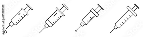 Four illustrations of hypodermic syringes with needles, varying levels of fluid present