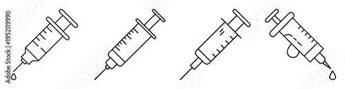 Collection of four monochrome syringe icons filled with vaccination liquid