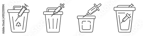 Graphic depiction of used syringes disposed of improperly in garbage cans