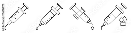 Line art illustrations depicting medicine syringes with needles and solution drops
