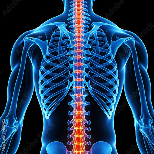 Digitally rendered anatomical illustration of human spine viewed from back, rib cage and upper body shown in translucent blue, spine highlighted in glowing red to emphasize vertebral structure, pain,