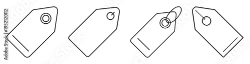 Four black and white hanging price tags or label tags line art