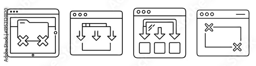 Four digital illustrations depicting data transfer, file management, and interaction design