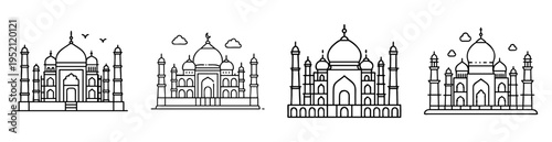 Black and white illustrations depicting the iconic architectural monument Taj Mahal