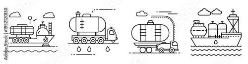 Conceptual illustration of oil and fuel transportation by ship and trucks