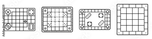 Four outlined square shaped board games with different patterns and game elements