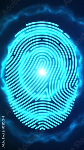 Glowing blue fingerprint illustration emits light on dark background with technology elements