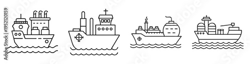 Black and white outline illustrations of four different types of ships