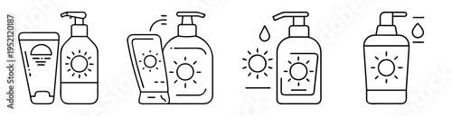 Variety of sunscreen containers in line art style for sun protection