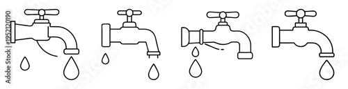 Four stylized black and white tap line drawings with dripping water