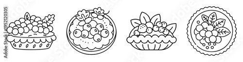 Four black and white illustrations of berry pies and fruit tarts
