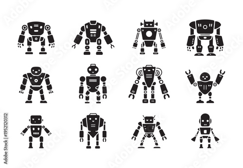 A collection of black and white robot icons featuring diverse designs and robotic parts