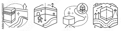 Illustrative icons representing the Hajj pilgrimage to Mecca and its symbolic stages