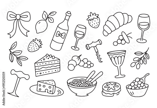 A collection of hand drawn food and drink items for celebrations and culinary themes