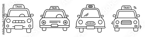 Front view of four stylized taxi cabs in line drawing vector