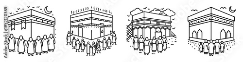 Four illustrations depicting the Kaaba with people in simple line drawings