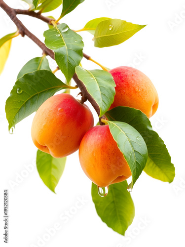Ripe apricots on branch with green leaves and water drops, isolated on transparent background