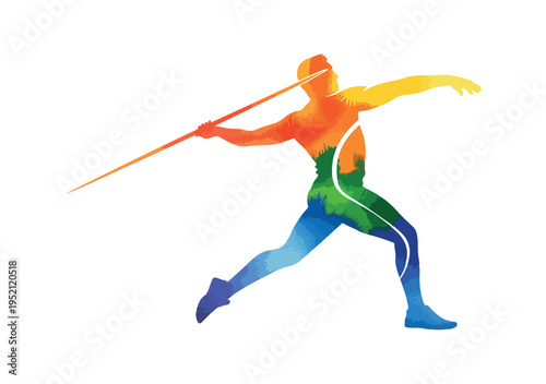 A dynamic watercolor style illustration of a male javelin thrower in action during a sports competition