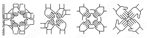 Diverse hand illustration representing teamwork, collaboration, unity, and support in a group