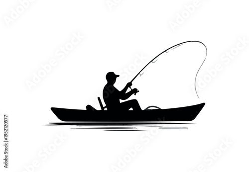 A lone man in silhouette fishes from a kayak on calm water with a fishing rod