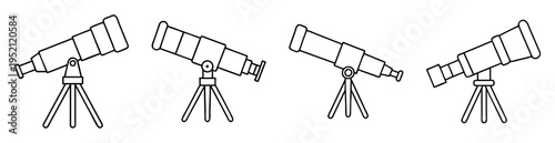 Four black and white illustrations of telescopes on tripods for astronomy