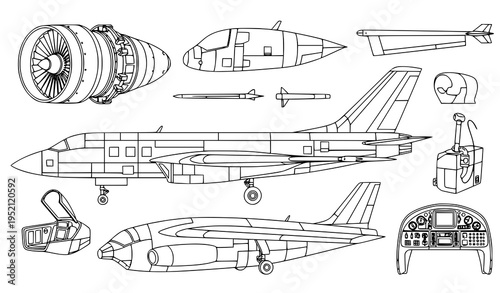 Jet Aircraft Construction Outline Silhouettes Set Aviation Parts Line Icons for Repair Engineering
