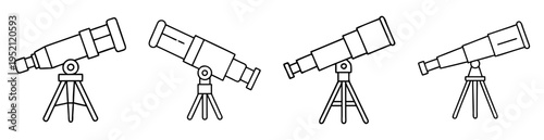 Four telescopes on tripods in line art with a white background