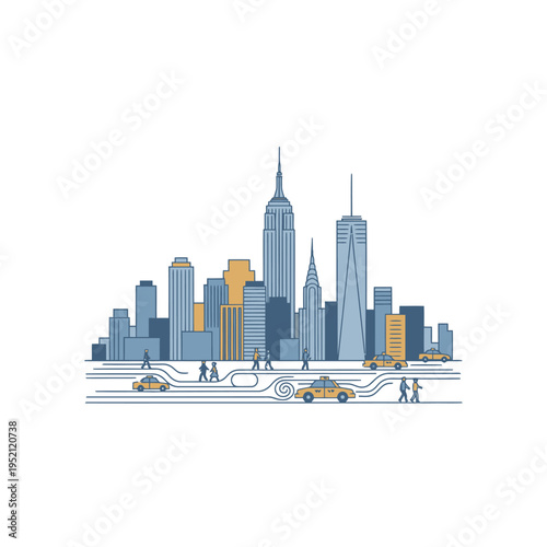 Stylized New York City Skyline with Iconic Buildings and Street Life.