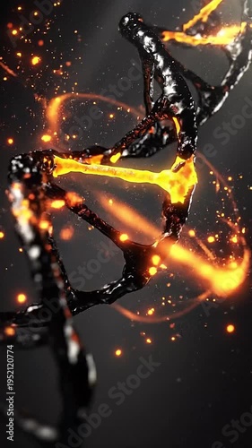 DNA helix burning with intense orange flames and sparks on dark background