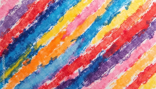 Abstract diagonal colorful crayon lines on white paper. Vibrant stripes in red, blue, yellow, orange, purple, pink create lively, textured pattern with visible strokes. Playful, energetic art