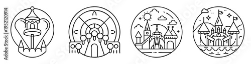 black and white line art drawings of fantasy theme park attractions