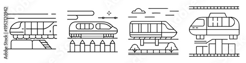 Line art illustration showcasing various forms of elevated train systems over different terrain