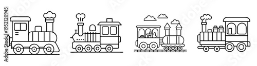 Collection of four charming outline steam trains suitable for coloring books