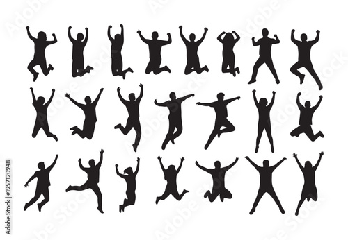 Many excited people silhouettes are captured mid air during happy leaps and jumps