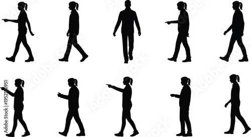 Walking silhouette collection, female figures, ponytail gestures, casual movement, pointing pose, everyday lifestyle, human motion, minimalist art, design study