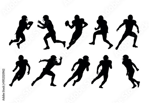 Multiple silhouettes of American football players in various action poses like running, throwing, and catching