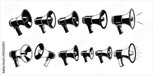A collection of megaphones in various orientations and styles