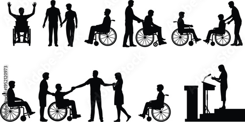 Wheelchair silhouette inclusivity, disability support, social interaction, accessibility empowerment, family care, teamwork, podium speaker, celebration, community integration, assistance