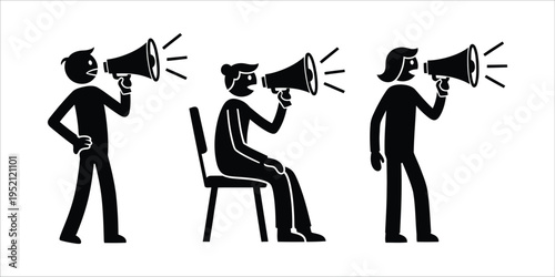 Three people communicating loudly with megaphones