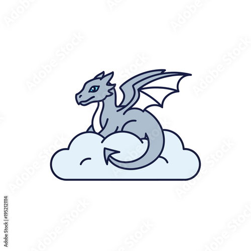 A cute, stylized illustration of a baby dragon perched on a fluffy white cloud against a white background.