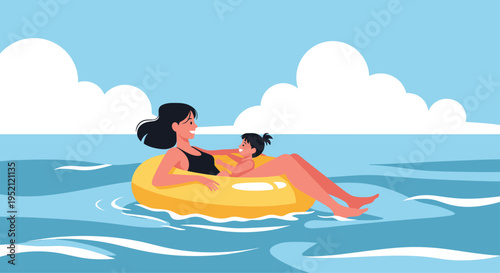 Young mother and her little daughter enjoy floating on a yellow inflatable ring in the blue ocean during summer vacation.