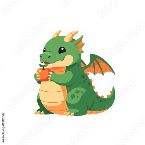 A cute, chubby, green cartoon dragon with orange wings and horns is happily holding and eating a red apple.