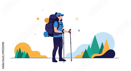 Female hiker with a large backpack and trekking poles stands against a minimalist mountain landscape ready for an adventure.