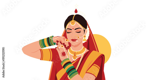 Beautiful Indian bride dressed in a red and gold saree wearing traditional jewelry and ornaments for a wedding celebration.