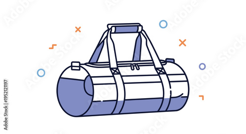 Simple illustration of a blue and white gym duffle bag with handles and strap against a white background with abstract shapes.