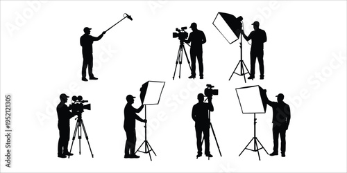 Silhouettes of film and photography crew at work