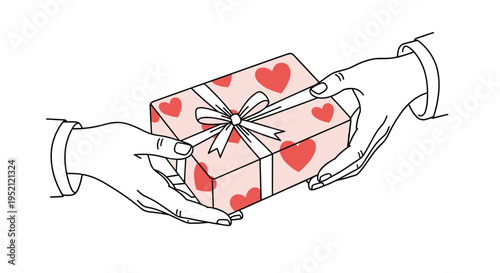 Two hands exchanging a beautifully wrapped gift box with a pink heart pattern and a white ribbon against a white background.